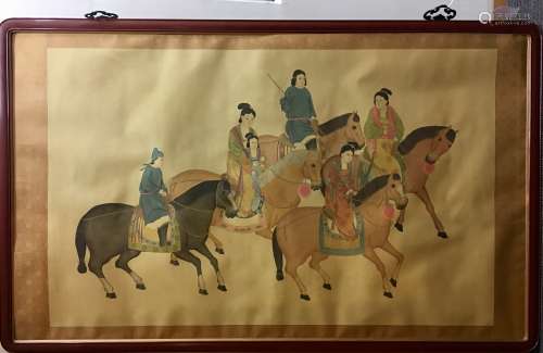 Painting of Family on Horses in Wood Frame