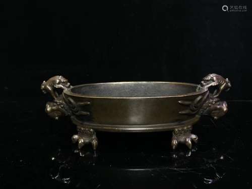 Bronze Double Dragon Handle Censer with Mark
