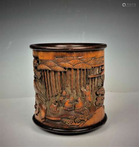Carved Bamboo Brush Pot with characters
