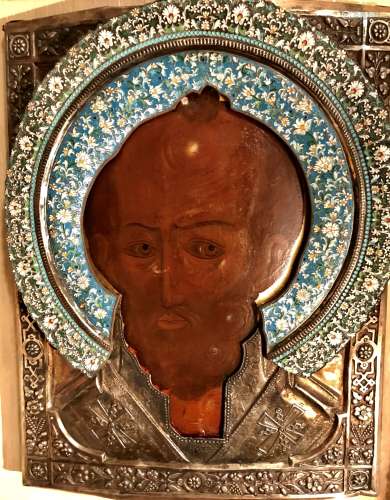 18c Russian Icon St. Nicholas Silver and Enamel