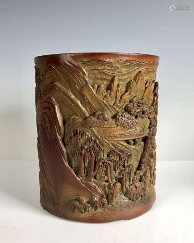 Carved Bamboo Brush Pot with Chinese Mark