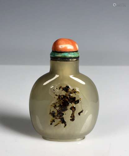 Carved Agate Snuff Bottle With  Horse & Monkey