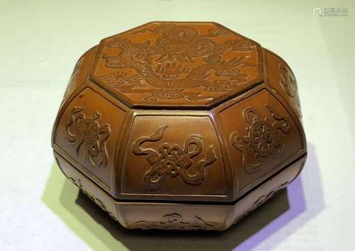 A Chinese Bamboo Box With Dragon & Mark