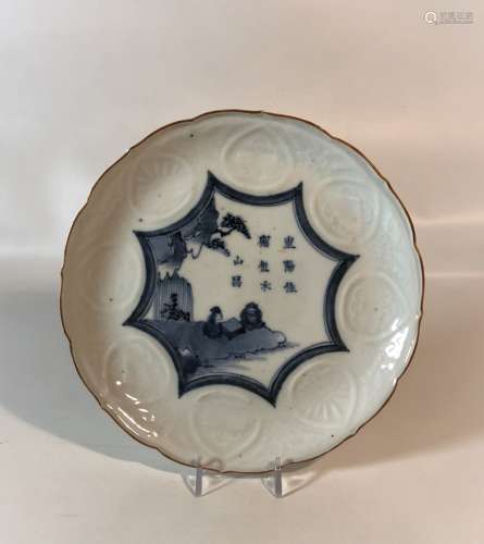 Glazed Blue and White Porcelain Plate with Characters