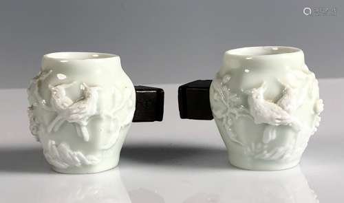 Pair of Porcelain Bird Tea Cups with Wood Handle