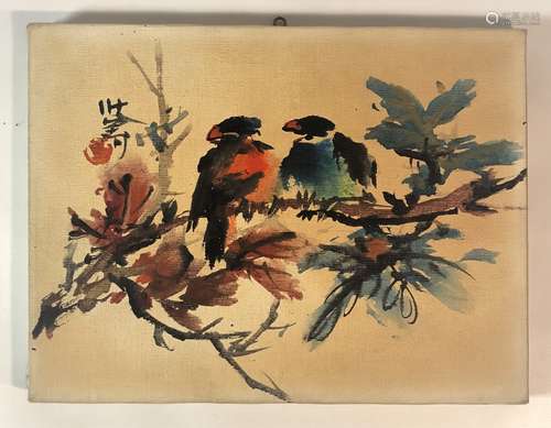 Watercolor on Canvas Painting of Two Birds