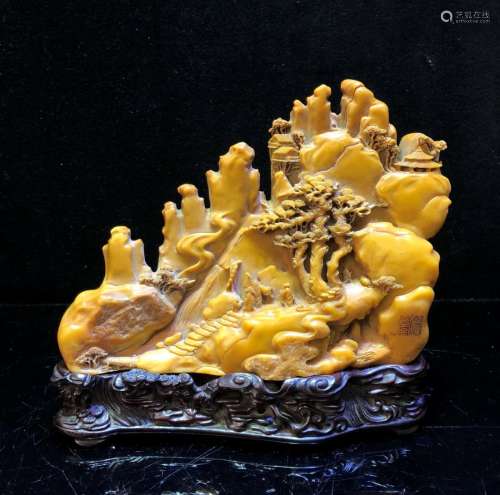 A Carved Soapstone Mountain Scene w/ House, Trees
