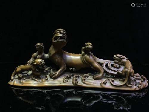 Carved Boxwood of Mythical Beast with Young