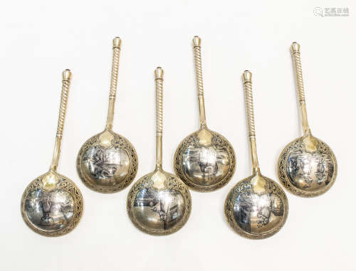 A Set of Six Russian Silver-Gilt & Niello Spoons