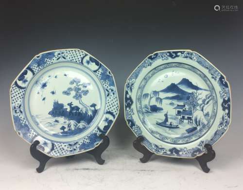 Pair of Octagon Shaped Blue and White Plates