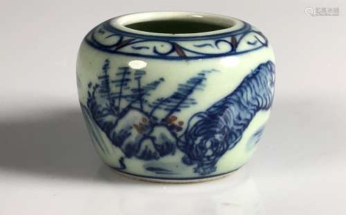 Blue and White Porcelain Tiger Cup with Wood Handle