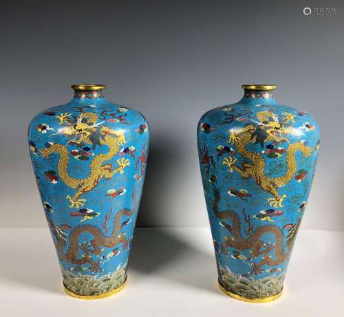 Pair of Cloisonne Enamel and Gilt Plum Dragon Vases