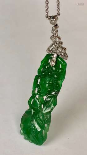 Vintage 18k Natural Jadeite Jade Pendant With Diams&Box