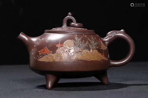 A ZHOUGUIZHEN MARK OLD PURPLE CLAY TEAPOT, THE CULTURAL REVOLUTION