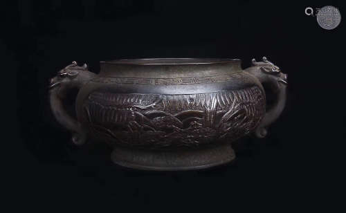 A COPPER FIGURE STORY DRAGON SHAPED EAR CENSER, MING DYNASTY