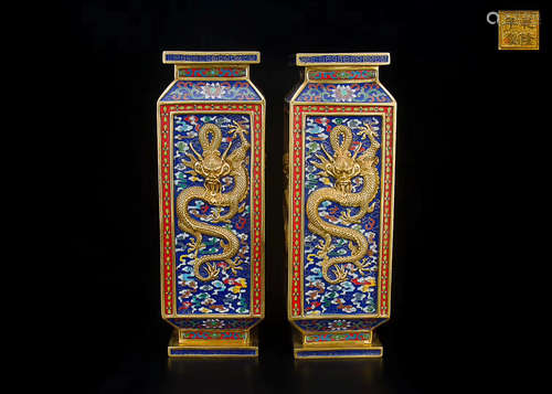 A PAIR OF QIANLONG NIANZHI MARK GILT BRONZE CLOISONNE ENAMEL VASES