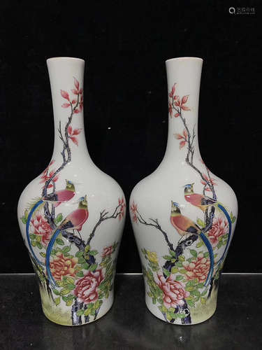 A PAIR OF YONGZHENG NIANZHI KUAN ENAMEL FLOWER AND BIRD PATTERN VASE