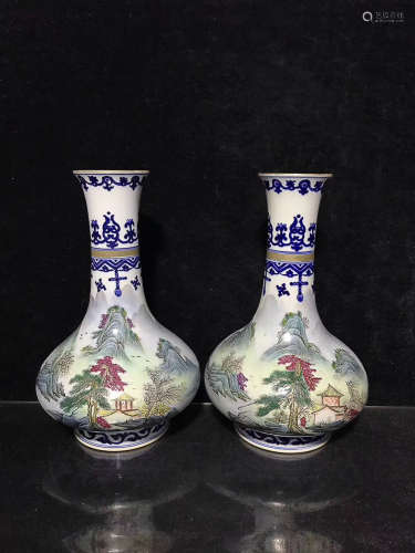 A PAIR OF DAQINGYONGZHENGNIANZHI MARK FAMILLE ROSE LANDSCAPE PATTERN VASES