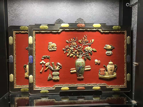 A HANGING PANEL INCLAID WITH MULTI-PRECIOUS OBJECTS