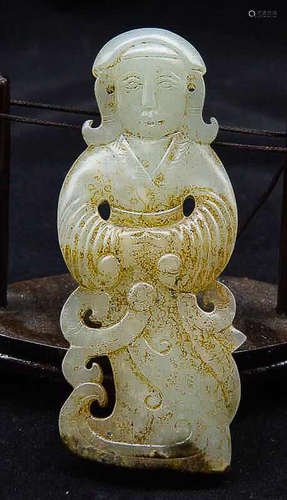 A WHITE JADE PALACE MAID FIGURE PENDANT, the Western Han Dynasty 206 B C -A D 24