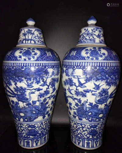 PAIR OF BLUE AND WHITE MEI VASES WITH COVER