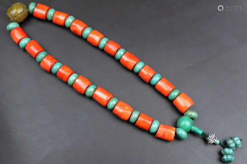RED CORAL AND TURQUOISE BEADS PENDANT