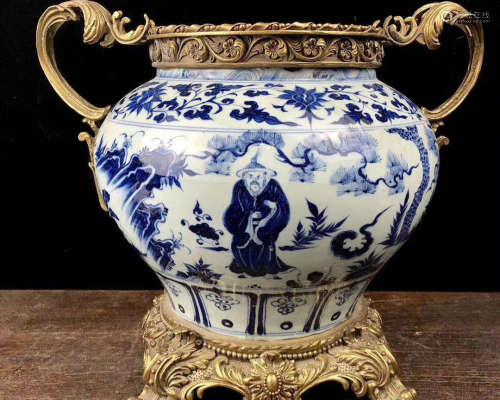 MING BLUE AND WHITE JAR WITH BRONZE INLAID