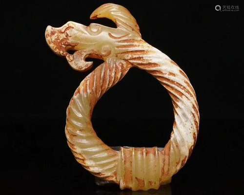 A HAN/ZHAN DYNASTY DRAGON CARVING HETIAN JADE PENDANT