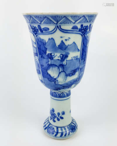 A BLUE AND WHITE STEM CUP