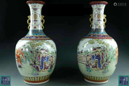 PAIR OF FAMILLE-ROSE VASES WITH QIANLONG MARK