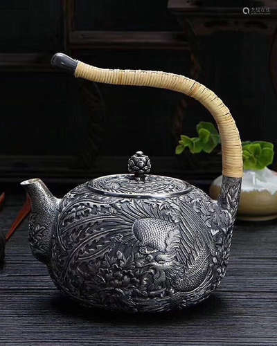 SILVER TEAPOT WITH PHOENIX DESIGN