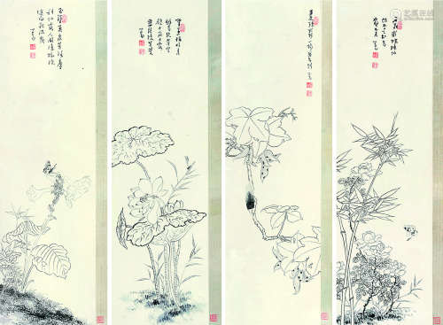 溥儒 花卉 （四帧） 镜片 纸本