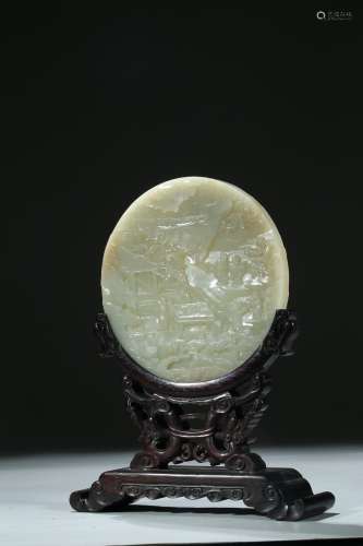 A white jade two side 'sages and boat' circular table screen