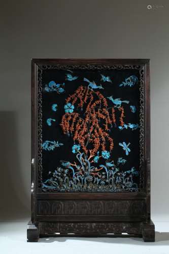 A kingfisher feather filigree 'magpie' table screen