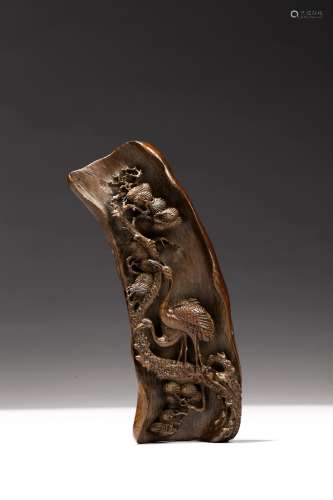 A carved bamboo 'cranes and pine' wristrest