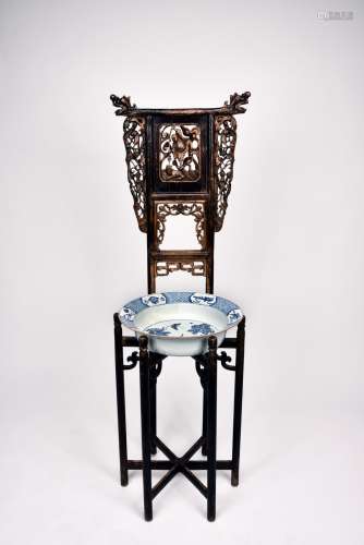 A Blue And White Jardinière With Hardwood Stand