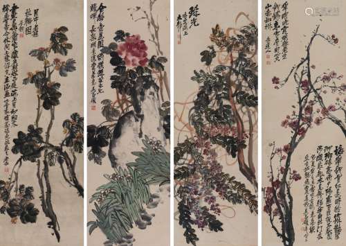 Wu Changshuo: set of four color and ink 'flowers' painting