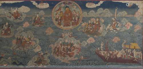 A Thangka depicting luohans crossing the sea