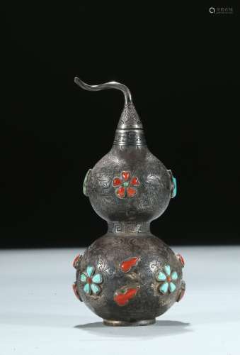 A silver etched and gems inlaid double gourd snuff bottle