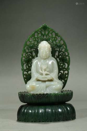 A white jade amitayus with green jade stand