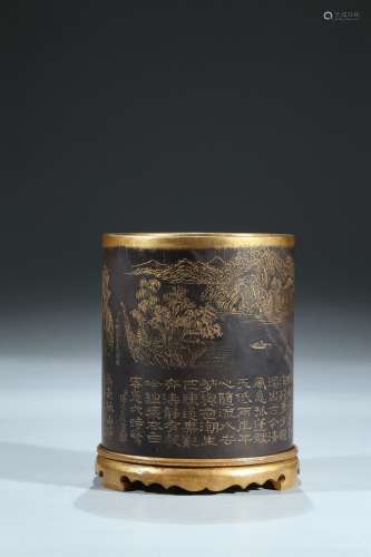 A Duanstone gilt painted 'landscape and poem' brushpot