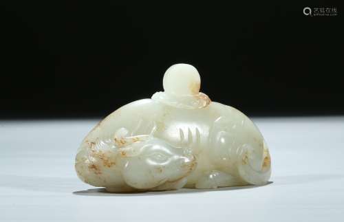 A white jade carved recumbent deer-form water coupe
