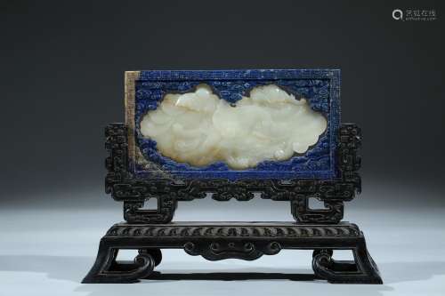 A rectangular lapis lazuli and white jade zitan frame table screen