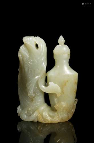 A white jade leaping carp vase group