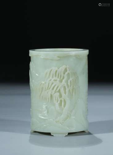 A white jade 'landscape and poem' cylindrical brushpot