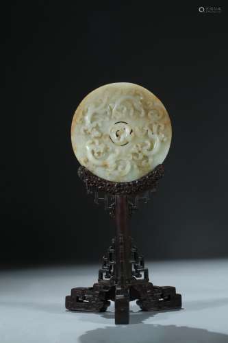 A jade 'chilong' and manchurian inscribed disc table screen