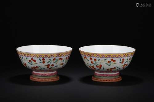 A pair of famille rose 'peaches' bowls