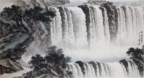 Huang Junbi: color and ink on paper 'waterfall' painting