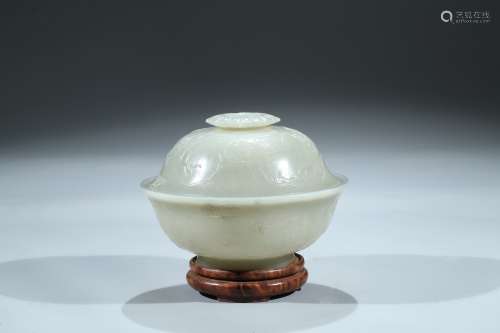 A white jade carved bowl and cover