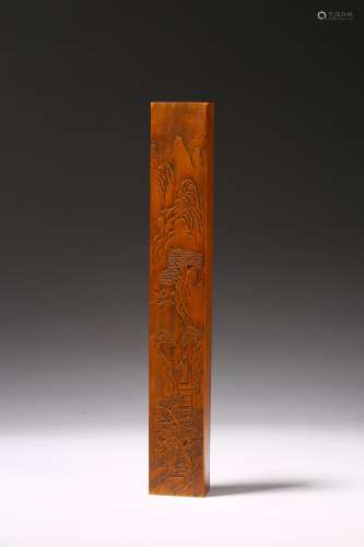 A bamboo carved 'landscape' and inscribed paper weight